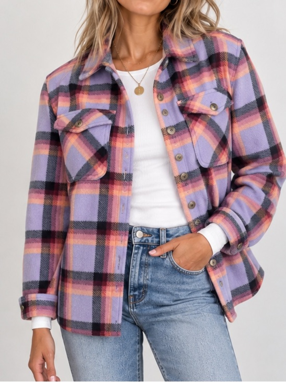 Sage Collective Plaid Sherpa Lined Shacket Jacket Purple Pink Small